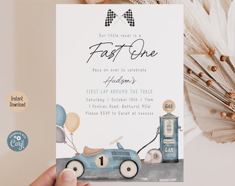 Fast One 1st Birthday Invitation | Blue First Lap Around The Track Theme Party | Digital Template