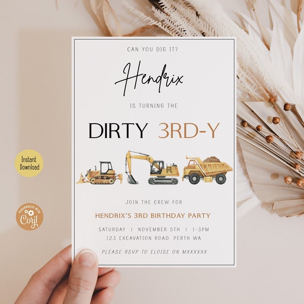 Editable Construction Dirty 3rd-y Birthday Invitation, Minimalist Excavator Party Third Birthday Invite Dump Truck Digger Printable Template