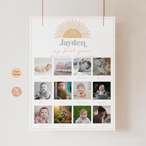 Retro Sonnenschein 1. Geburtstag Fototafel Boho bearbeitbare erste Reise um die Sonne Geburtstag monatliche Meilenstein Collage Poster druckbare Vorlage
