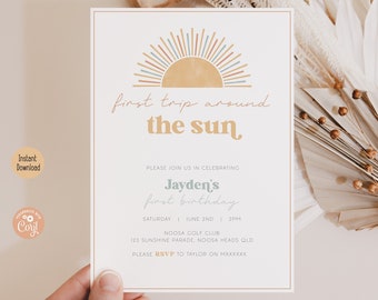 Sunshine 1st Birthday Invitation | First Trip Around the Sun Theme Party | Digital Template