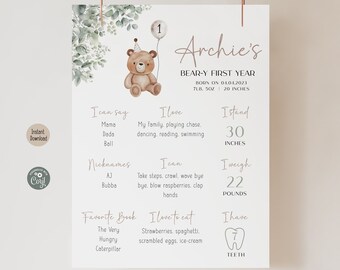 Teddy Bear Birthday Milestone Board | Editable Beary First Theme About Me Poster | Digital Template