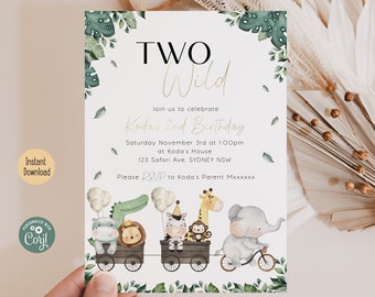 Two Wild Birthday Invitation | Neutral Safari Jungle Animal 2nd Birthday Party | Digital Template