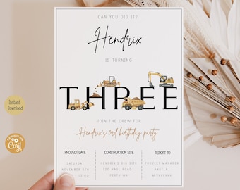 Construction 3rd Birthday Invitation | Minimalist Diggin It Party | Truck Third Birthday Invite | Digital Template