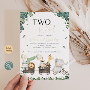 Two Wild Birthday Invitation, Safari 2nd Birthday Invite Jungle Animal Boy Second Birthday Invitation Gold Editable Printable Template