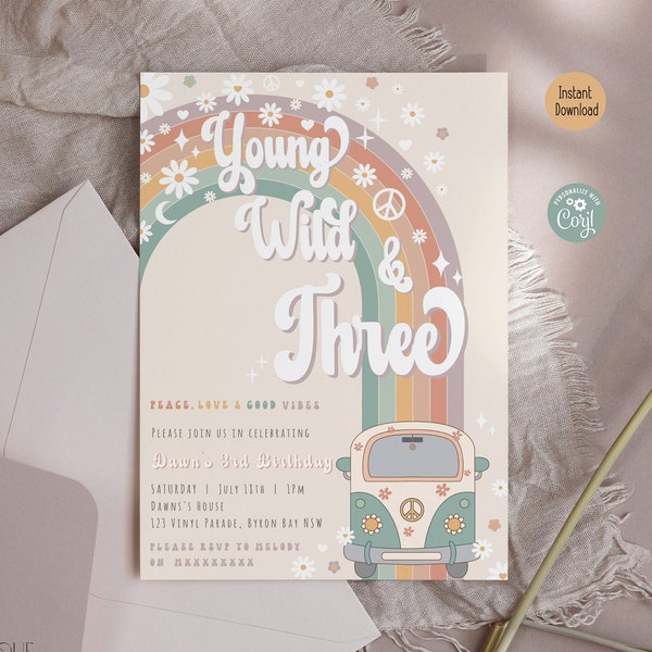 Editable Groovy Young Wild and Three Birthday Invitation Retro 3rd Birthday Invite Boho 70s Van Hippie Rainbow Printable Instant Download