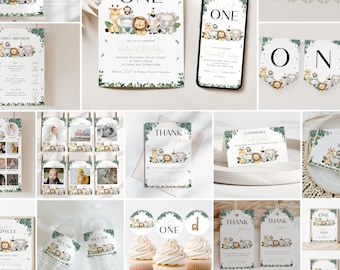 Wild One Birthday Invitation Bundle | Safari Animal Gold Party Decor | Digital Download