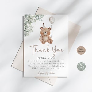 Modèle modifiable de carte de remerciement anniversaire ours verdure 3,5 x 5 po, modèle imprimable note minimaliste ours en peluche neutre premier remerciement