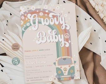 Groovy Baby Shower Invitation | Retro Hippie Shower Theme Invite | Digital Template
