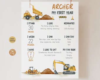 Construction First Birthday Milestone Board | Editable Diggin It Theme Party Sign | Digital Template