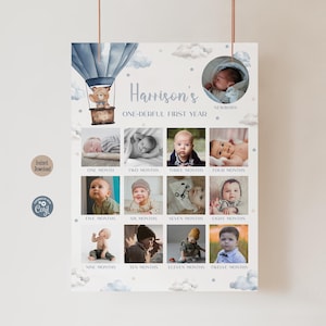 Tablero de fotos editable para el primer cumpleaños, collage de hitos con globos aerostáticos y osito de peluche, póster imprimible del primer mes de Boy Beary