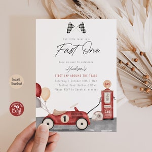 Editable Fast One First Birthday Invitation First Lap Around The Track Boy Vintage Race Car 1st Birthday Printable Template Instant Download