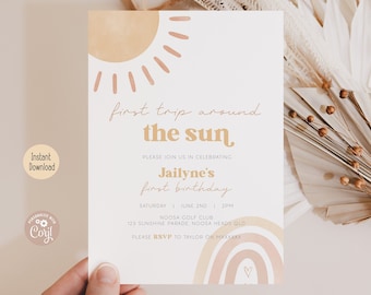 First Trip Around the Sun Birthday Invitation Editable Sunshine 1st Birthday Invite Boho Sun Birthday Neutral Boy Girl Printable Template