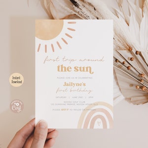 First Trip Around the Sun Invitation | Sunshine Theme 1st Birthday Invite | Digital Template