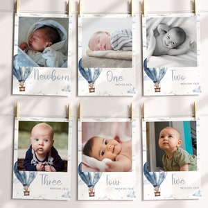 Editable Onederful Birthday 1st Year Photo Banner, Teddy Bear Hot Air Balloon Milestone Photos Boy Beary First Monthly Printable Template