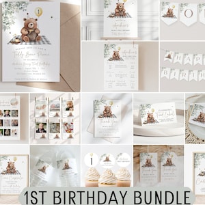 Editable Greenery Bear Birthday Bundle, ANY AGE Teddy Bear Picnic Neutral Invite Beary First Boho Birthday Minimalist Printable Template