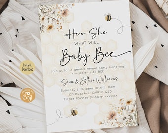 Honey Bee Gender Reveal Invitation | What Will Baby Bee Shower Invite | Digital Template