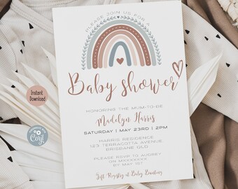 May include: A baby shower invitation featuring a rainbow design in shades of pink, brown, and blue. The text reads "Please join us for a Baby Shower honouring the mum-to-be Madelyn Harris, Saturday | May 23rd | 2 PM, Harris Residence, 123 Terracotta Avenue, Brisbane QLD, Please RSVP to Audrey on MXXXXXXX by May 1st, Gift Registry at Baby Bunting."