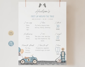 Fast One Birthday mijlpaalbord | Blauwe themaposter First Lap Around The Track | Digitale sjabloon