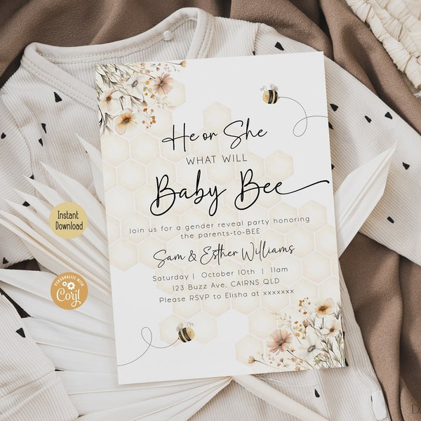 Editable Honey Bee Gender Reveal Invitation What Will Baby Bee Invite Gender Neutral Shower Invitation Bumblebee Modern Printable Template