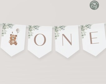 Teddy Bear Birthday Highchair Banner | Editable Beary First Theme ONE Garland | Digital Template