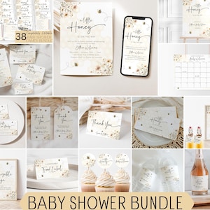 Editable Honey Bee Baby Shower Invitation Bundle, A Little Honey Is On The Way Shower Invite Neutral Wild Flower Modern Printable Template