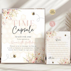 Editable Girls 1st Bee-Day Pastel Time Capsule Sign, Sweet To Bee One Birthday Time Capsule Message Card Guest Book Wildflower Printable