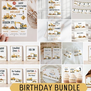 Puede incluir: Paquete de imprimibles para una fiesta de cumpleaños con temática de construcción en amarillo y negro. Incluye invitaciones, letreros, adornos para cupcakes, etiquetas para favores y un letrero de bienvenida. El texto de la invitación dice "Dump Everything! Archer is turning 3 and Diggin It!"