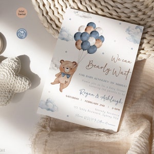 Editable Blue Teddy Bear Baby Shower Invitation, We Can Bearly Wait Shower Invite Balloon Boy Boho Bear Shower Instant Download Template