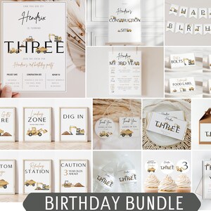 May include: Construction birthday party printable bundle with a yellow and brown color scheme. The bundle includes invitations, thank you cards, food labels, cupcake toppers, and more. The text "Hendrix's Construction Site" and "Three" are featured throughout the design.