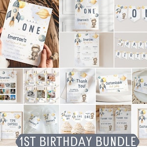Editable First Trip Around the Sun Birthday Bundle, Space Boy 1st Birthday Blast Off Party Neutral Astronaut Invite Printable Decor Template