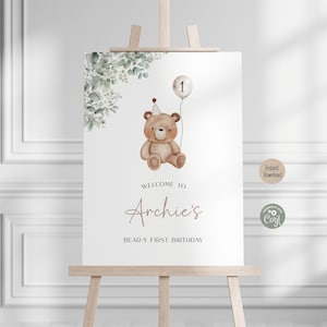 Editable Greenery Bear Birthday Welcome Sign, Teddy Bear Neutral Welcome Poster Beary First Boho Birthday Minimalist Printable Template