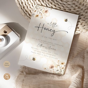 Editable A Little Honey Is On The Way Baby Shower Invitation Neutral Honey Bee Shower Invite Wild Flower Bumblebee Modern Printable Template