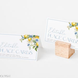 Etiqueta de comida com limão editável, pacote de cartões de lugar para chá de bebê, chá de bebê cítrico de verão, decoração para festa de casamento com limonada para impressão