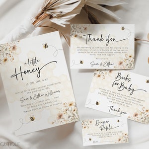 Editable A Little Honey Is On The Way Baby Shower Invitation Set, Gender Neutral Honey Bee Shower Invite Bundle Wild Flower Printable
