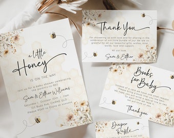 May include: A set of four baby shower cards with a watercolor floral and bee design. The cards include an invitation, a thank you card, a book request card, and a diaper raffle card. The invitation card says "a little honey is on the way".