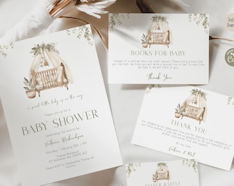 Minimalist Greenery Baby Shower Invitation Set | Neutral Baby On The Way Nursery Theme | Digital Template
