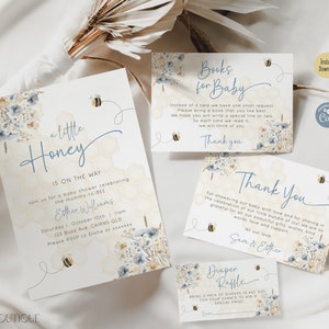Editable A Little Honey Is On The Way Baby Shower Invitation Set, Blue Honey Bee Shower Invite Bundle Gender Neutral Boy Printable Template