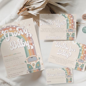 Editable Groovy Baby Shower Invitation Set, Girl Retro Shower Invite Bundle Hippie Rainbow 70s Vibe Daisy Sprinkle Shower Printable Package