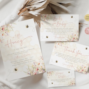Editable A Little Honey Is On The Way Baby Shower Invitation Set, Girls Honey Bee Shower Invite Bundle Pastel Wildflower Printable Template