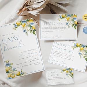 Editable Lemon Baby Shower Invitation Bundle, Minimalist Blue Citrus Baby Brunch Invite Baby Boy Lemonade Shower Printable Set Neutral