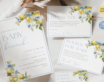 Lemon Baby Shower Invitation Bundle | Editable Blue Citrus Brunch | Main Squeeze Theme | Digital Template