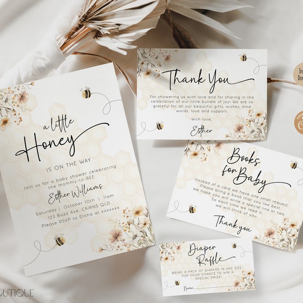 Editable A Little Honey Is On The Way Baby Shower Invitation Set, Gender Neutral Honey Bee Shower Invite Bundle Wild Flower Printable