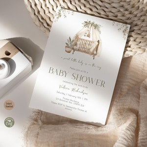 Minimalist Baby On The Way Baby Shower Invitation, Gender Neutral Boho Greenery Baby Shower Invite Simple Nursery Modern Printable Template