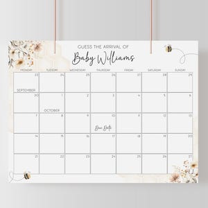 Bearbeitbar Ein kleiner Honig ist auf dem Weg Babyparty Fälligkeitsdatumskalender, neutrale Biene erraten Baby-Geburtstags-Poster Hummel druckbare Vorlage