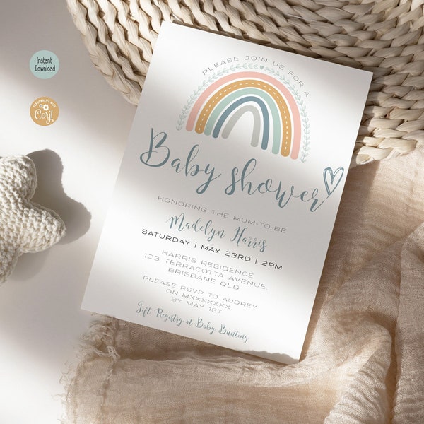 Editable Boho Rainbow Baby Shower Invitation, Gender Neutral Baby Shower Sprinkle Boy Girl Minimalist Printable Template Instant Download