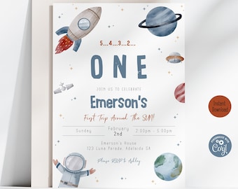 First Trip Around the Sun Birthday Invitation | Space 1st Birthday Party Invite | Digital Template