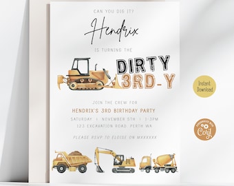 May include: A printable birthday party invitation for a 3-year-old boy. The invitation features a yellow bulldozer and the text "Can you dig it? Hendrix is turning the Dirty 3rd-Y".