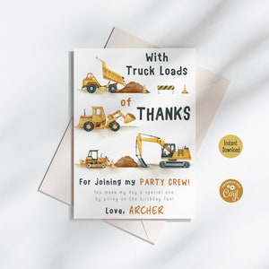 Modelo de cartão de agradecimento de aniversário de construção editável 3,5x5" Construção Diggin It Party Terceiro aniversário Escavador de caminhão basculante Convite para impressão