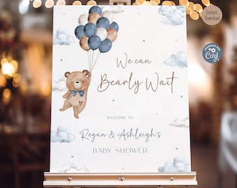 We Can Bearly Wait Welcome Sign | Teddy Bear Theme Baby Shower Poster | Digital Template