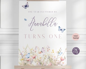 Editable Butterfly First Birthday Welcome Sign, Our Little Butterfly 1st Birthday Printable Decor Purple Butterfly Party Poster Template